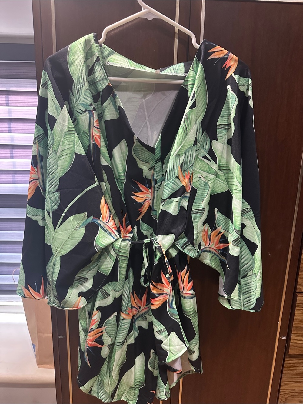 Tropical Print V-Neck Tie-Waist Women's Dress - Black with Green & Orange
